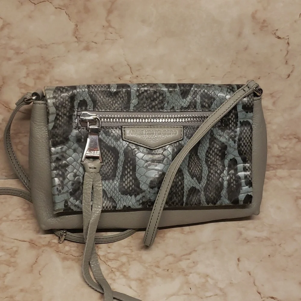 Aimee Kensterbeg gray and snake green and black skin print small crossbody bag